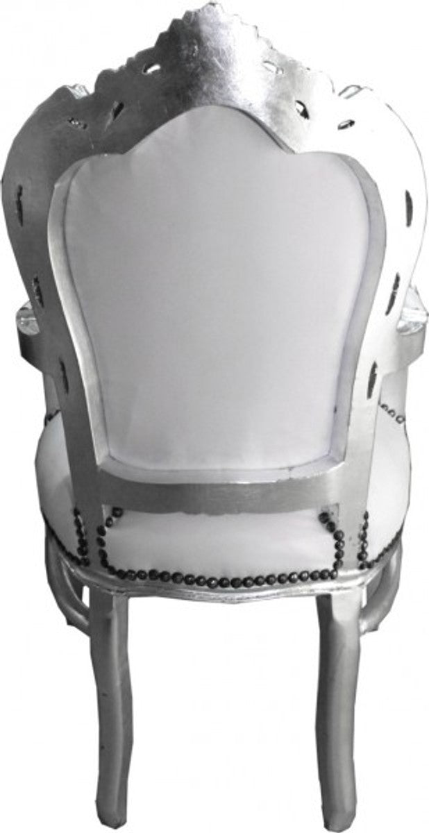 Barock Esszimmer Stuhl mit Armlehnen Weiß / Silber Lederoptik - Möbel Antik Stil