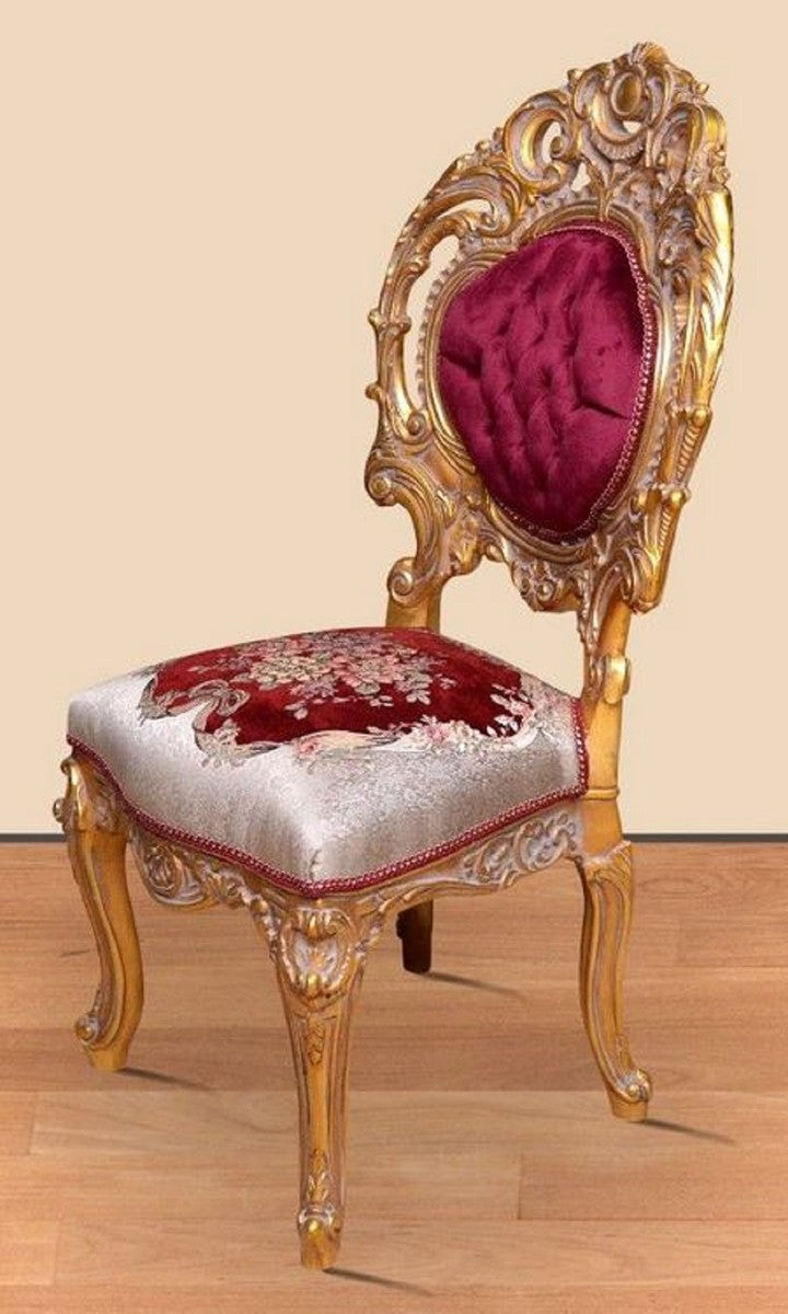 Barock Esszimmerstuhl Bordeauxrot / Silber / Gold 60 x 50 x H. 120 cm - Prunkvoller Massivholz Küchenstuhl mit edlem Muster - Barock Esszimmer Möbel