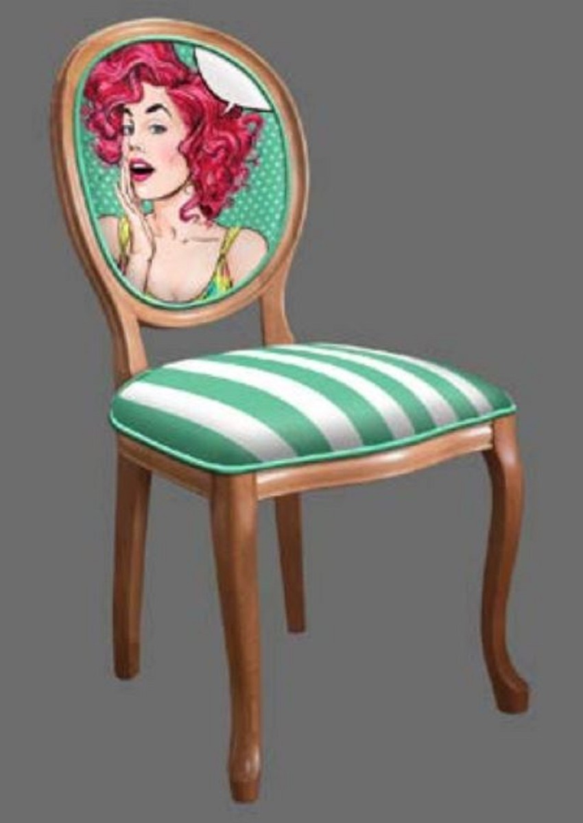 Barock Esszimmerstuhl Grün / Weiß / Mehrfarbig / Braun - Handgefertigter Antik Stil Stuhl - Esszimmer Möbel im Barockstil