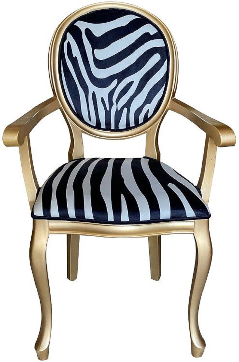 Barock Esszimmer Stuhl Schwarz / Weiß / Gold - Handgefertigter Antik Stil Stuhl mit Armlehnen und Zebra Design - Esszimmer Möbel im Barockstil