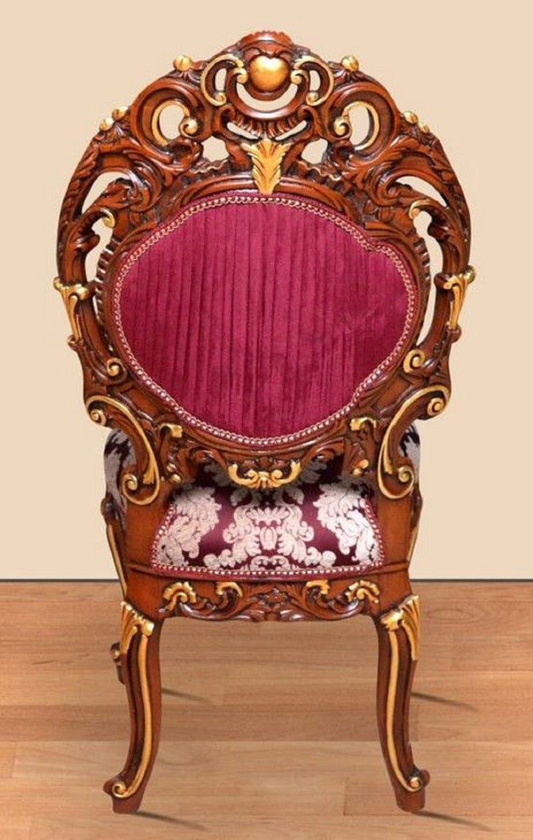 Barock Esszimmerstuhl Bordeauxrot / Cremefarben / Braun / Gold 60 x 50 x H. 120 cm - Prunkvoller Massivholz Küchenstuhl mit edlem Muster - Barock Esszimmer Möbel