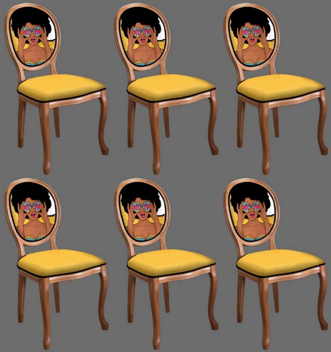 Barock Esszimmerstuhl Set Gelb / Mehrfarbig / Braun - 6 Handgefertigte Küchen Stühle im Barockstil - Barock Esszimmer Möbel