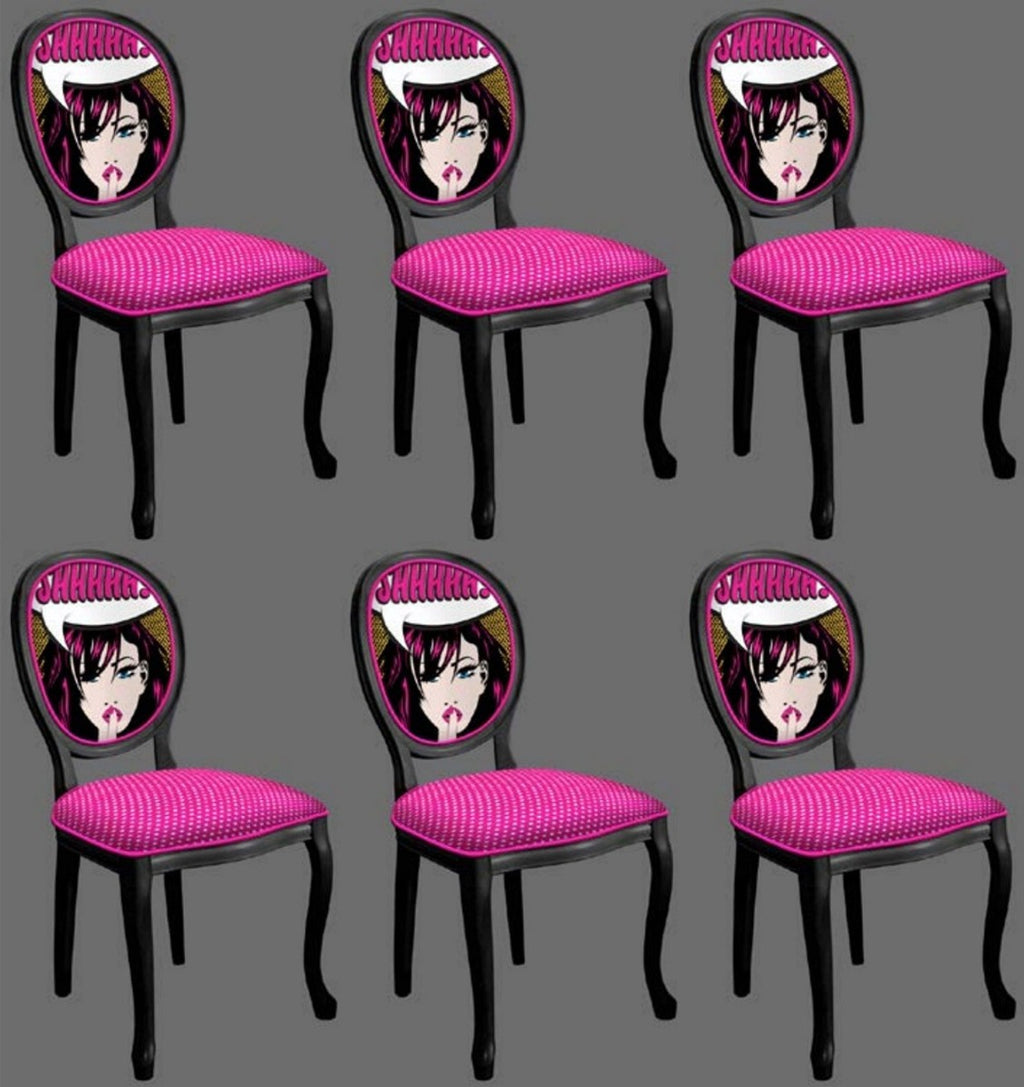 Barock Esszimmerstuhl Set Lila / Mehrfarbig / Schwarz - 6 Handgefertigte Küchen Stühle im Barockstil - Barock Esszimmer Möbel