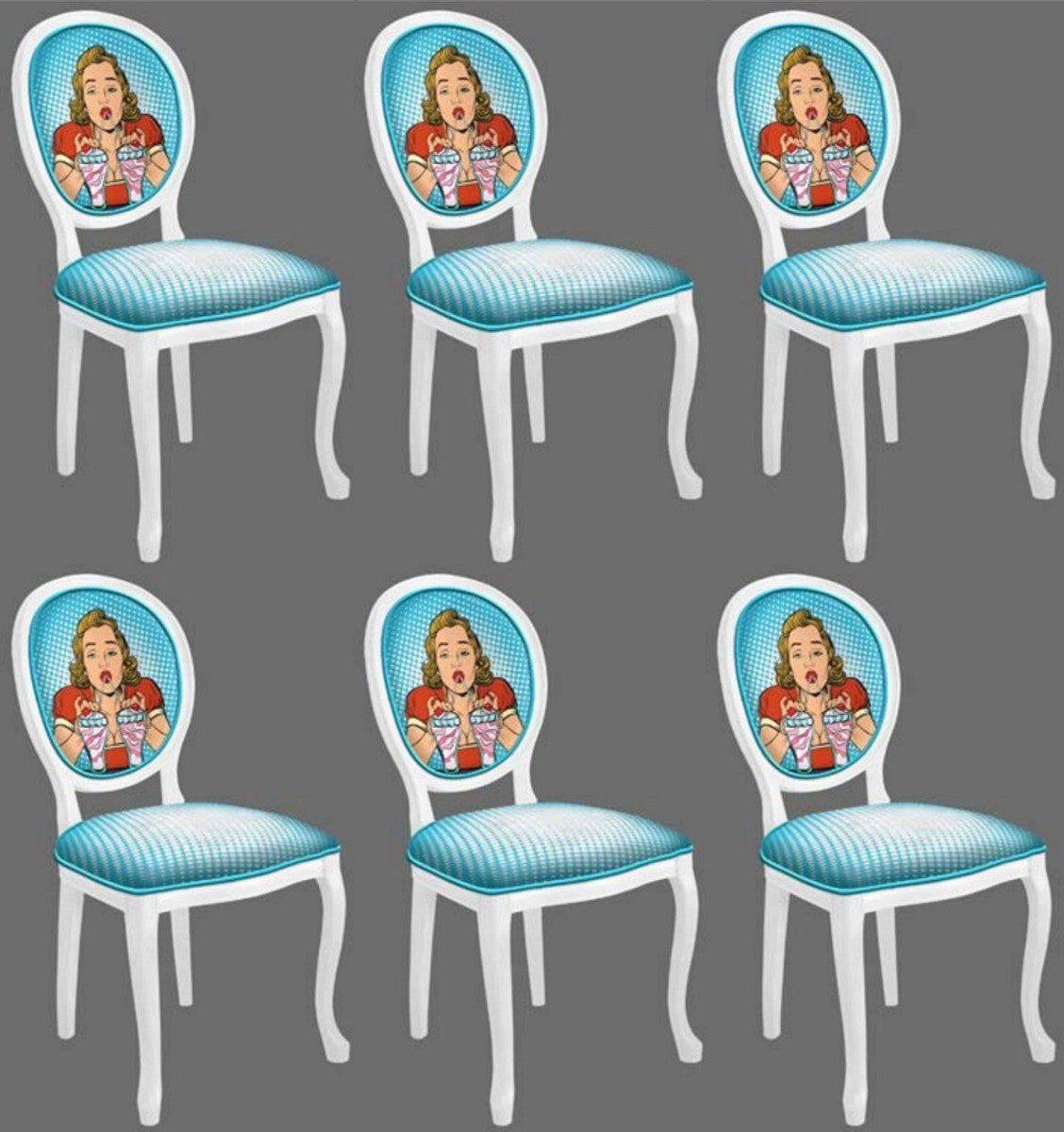 Barock Esszimmerstuhl Set Blau / Mehrfarbig / Weiß - 6 Handgefertigte Küchen Stühle im Barockstil - Barock Esszimmer Möbel