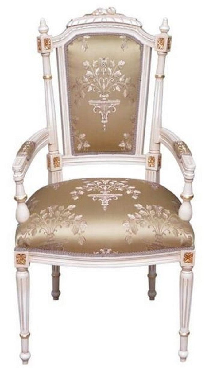 Barock Esszimmerstuhl Gold / Cremefarben / Gold - Handgefertigter Antik Stil Stuhl mit Armlehnen - Esszimmer Möbel im Barockstil