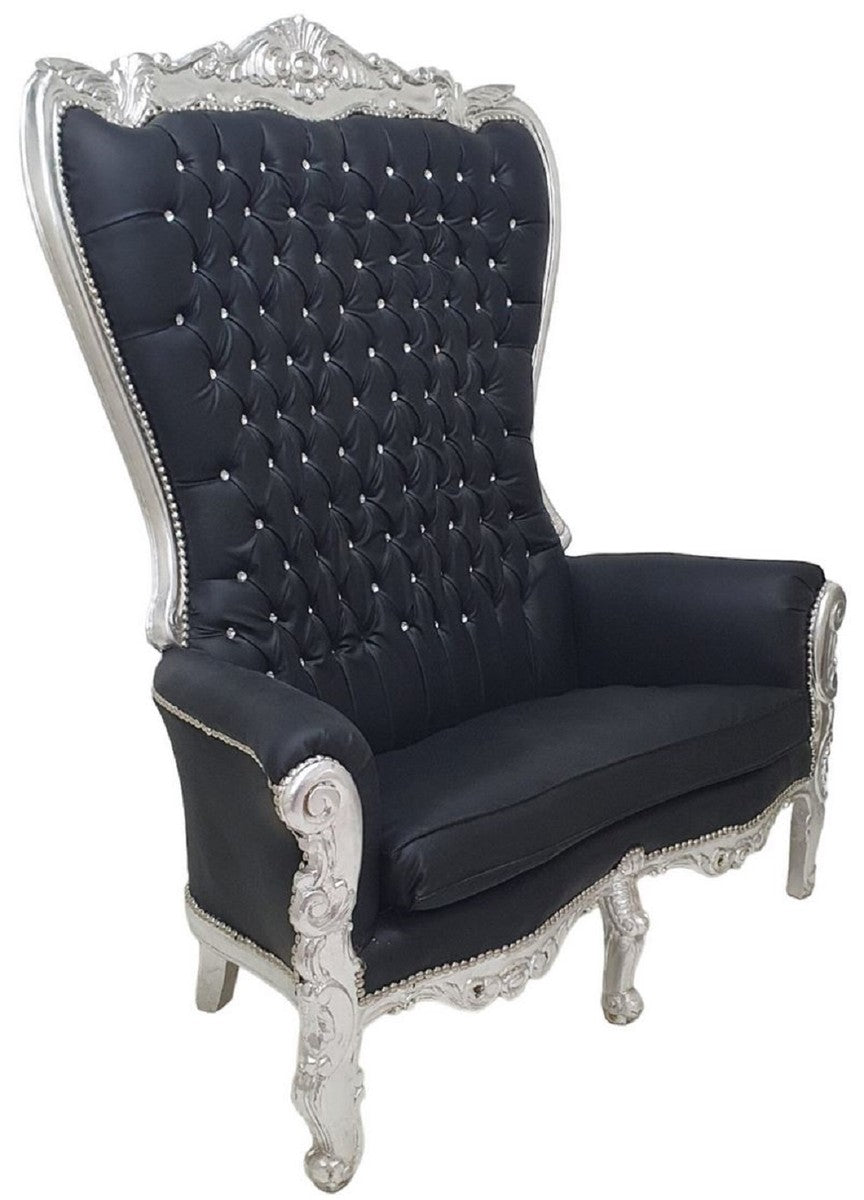 Barock Hochlehn 2er Sofa Schwarz / Silber - Prunkvolles Barockstil Sofa mit Glitzersteinen - Wohnzimmer Möbel im Barockstil - Barock Möbel - Edel & Prunkvoll