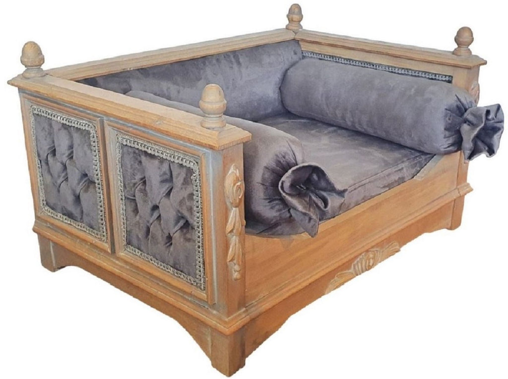 Barock Hundebett Grau / Naturfarben - Prunkvolles Antik Stil Hundebett - Handgefertigte Hunde Möbel im Barockstil - Antik Stil Tiermöbel - Barock Tiermöbel