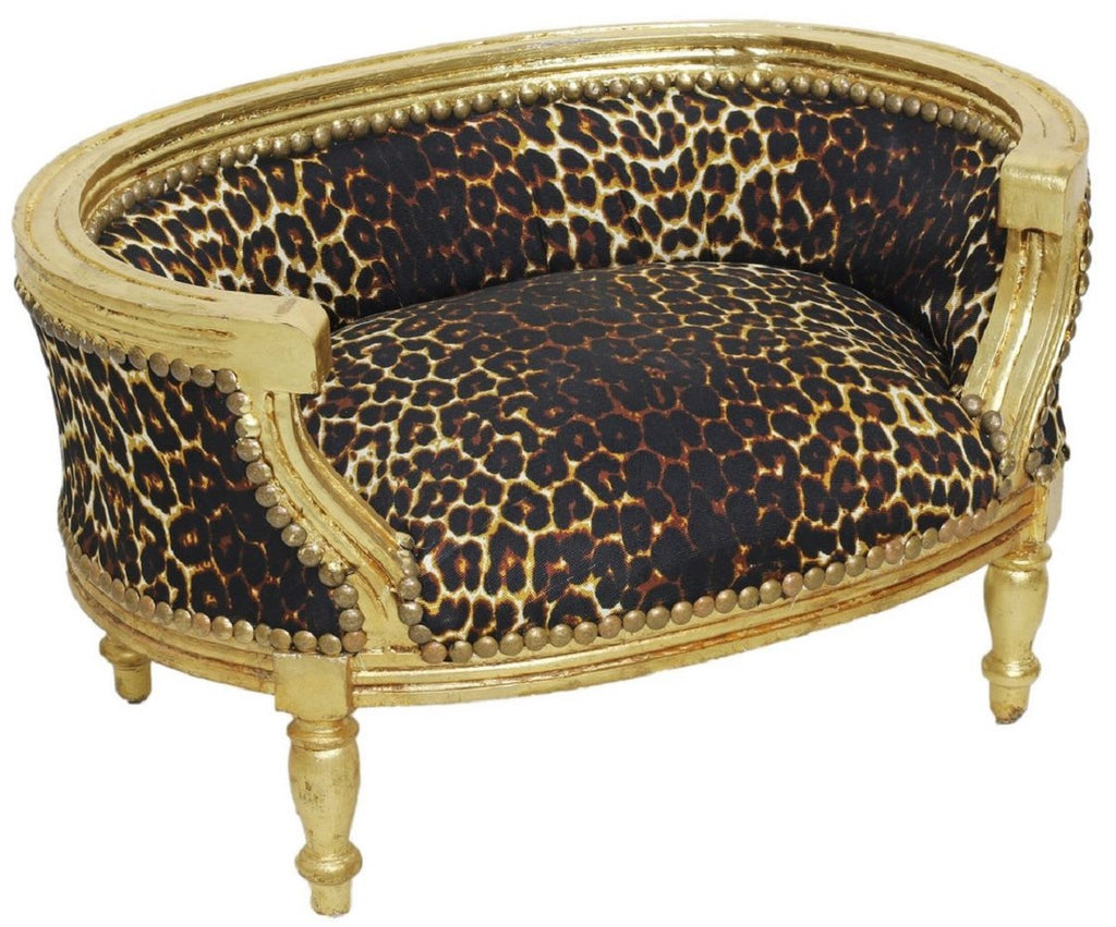 Barock Hundebett & Katzenbett Leopard Muster / Antik Gold - Handgefertigtes Hunde & Katzen Sofa im Barockstil - Barock Hunde & Katzen Möbel - Barock Tiermöbel