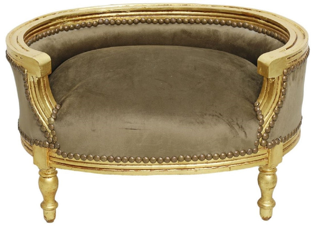 Barock Hundebett & Katzenbett Taupe / Antik Gold - Handgefertigtes Hunde & Katzen Sofa im Barockstil - Barock Hunde & Katzen Möbel - Barock Tiermöbel