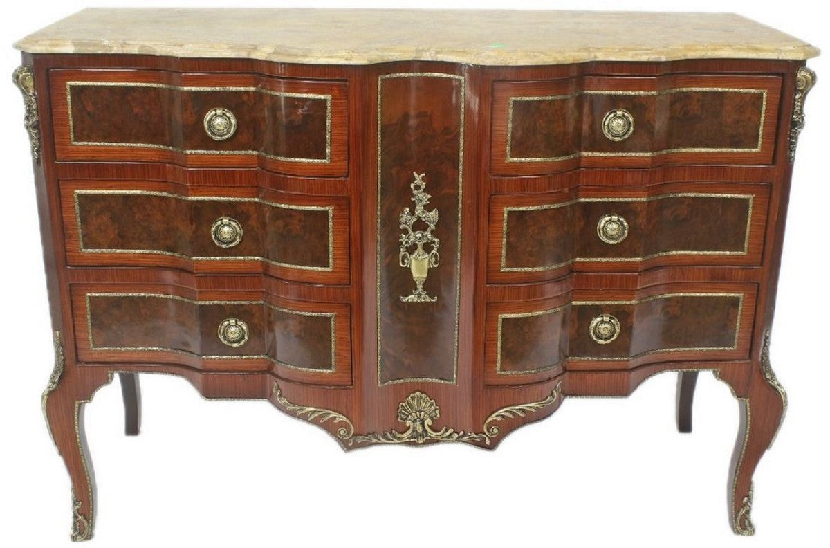 Barock Kommode Braun / Gold / Creme 130 x 50 x H. 90 cm - Handgefertigte Massivholz Kommode mit 6 Schubladen und Marmorplatte - Barock Möbel