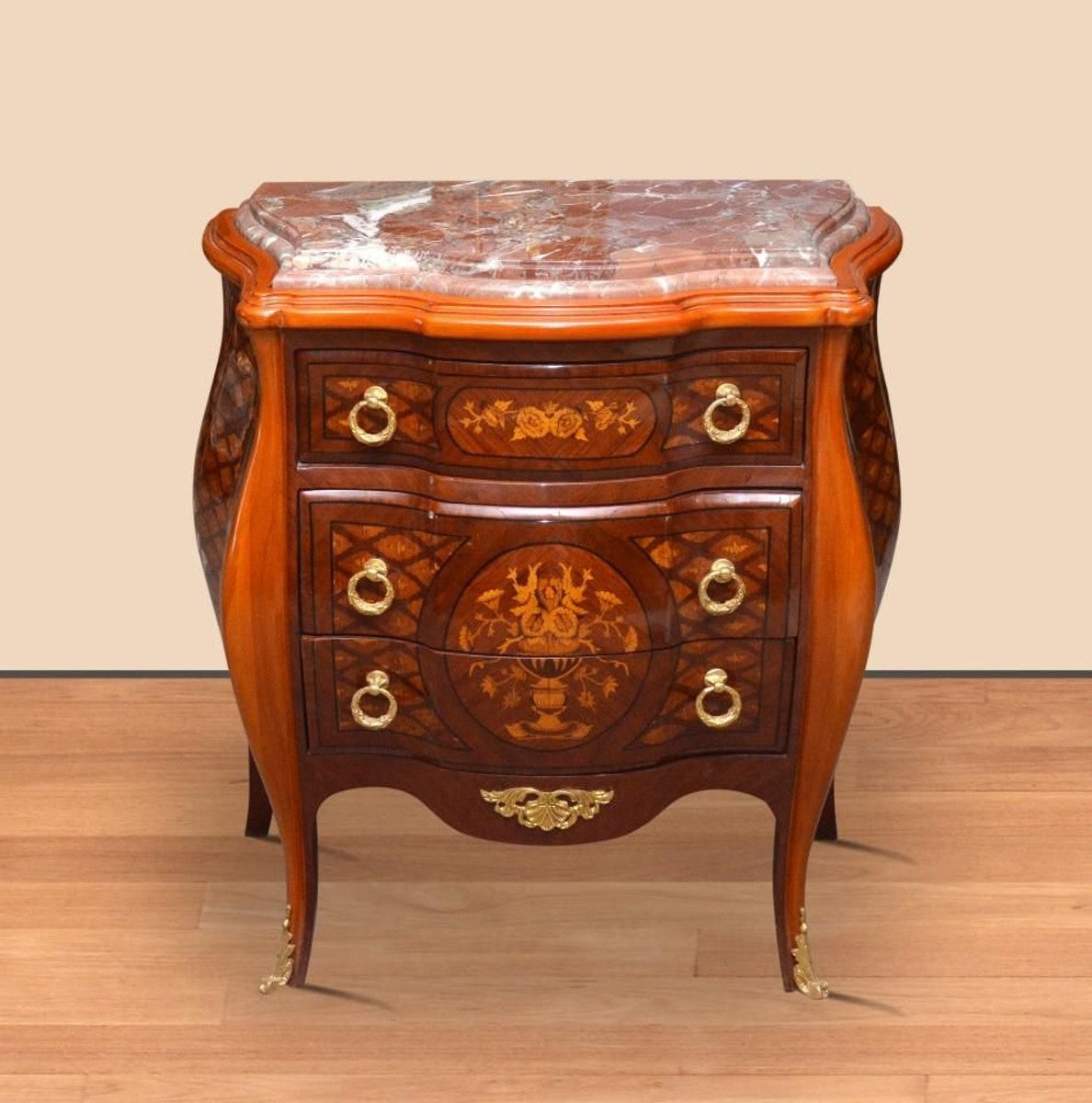 Barock Kommode Braun / Gold 85 x 45 x H. 85 cm - Handgefertigte Massivholz Kommode mit 3 Schubladen und Marmorplatte - Barock Möbel