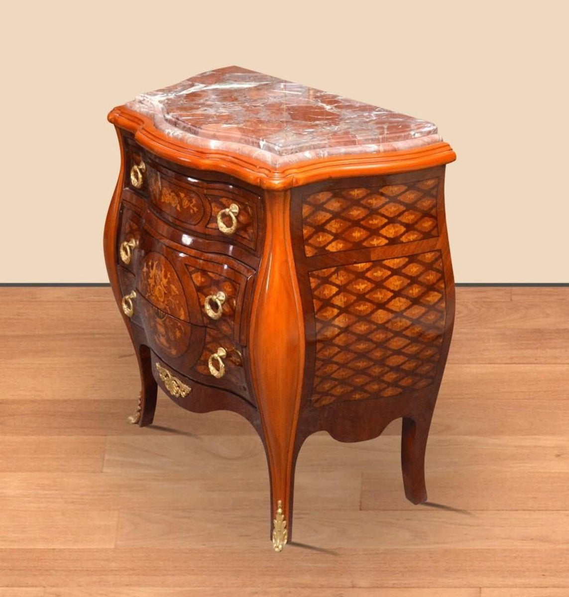 Barock Kommode Braun / Gold 85 x 45 x H. 85 cm - Handgefertigte Massivholz Kommode mit 3 Schubladen und Marmorplatte - Barock Möbel