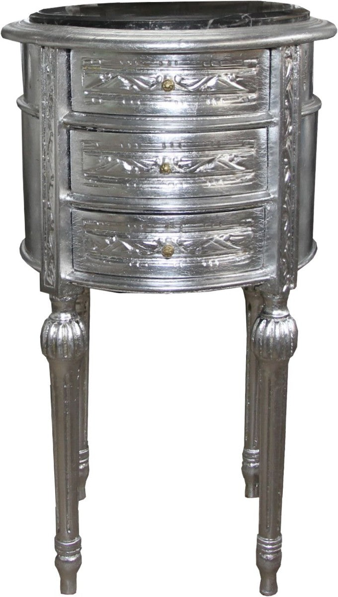 Barock Kommode / Beistelltisch Silber mit schwarzer Marmorplatte Höhe 72 cm, Durchmesser 41 cm - Nachttisch Konsole