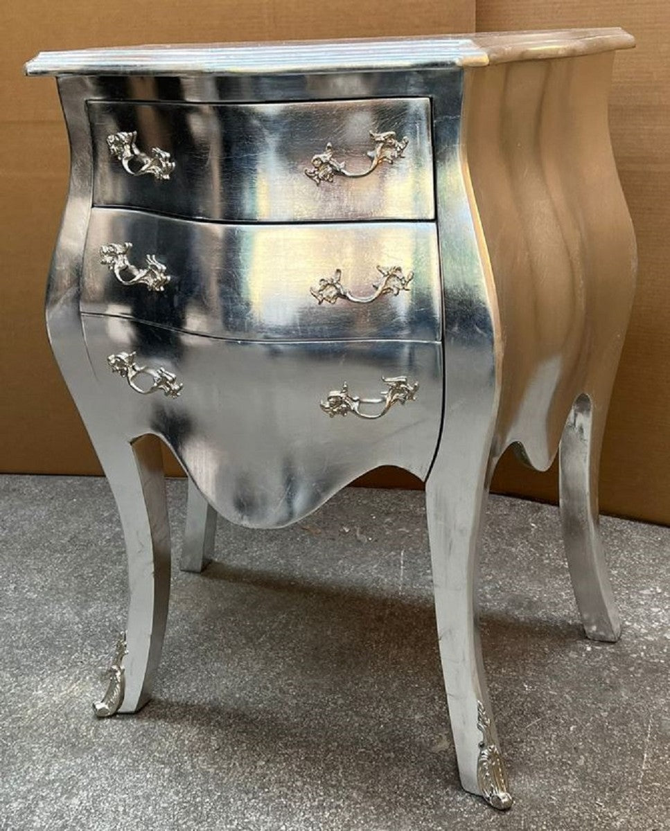 Barock Nachtkommode Silber - Handgefertigte Barockstil Kommode mit 3 Schubladen - Barock Möbel - Schlafzimmer Möbel im Barockstil - Edel & Prunkvoll