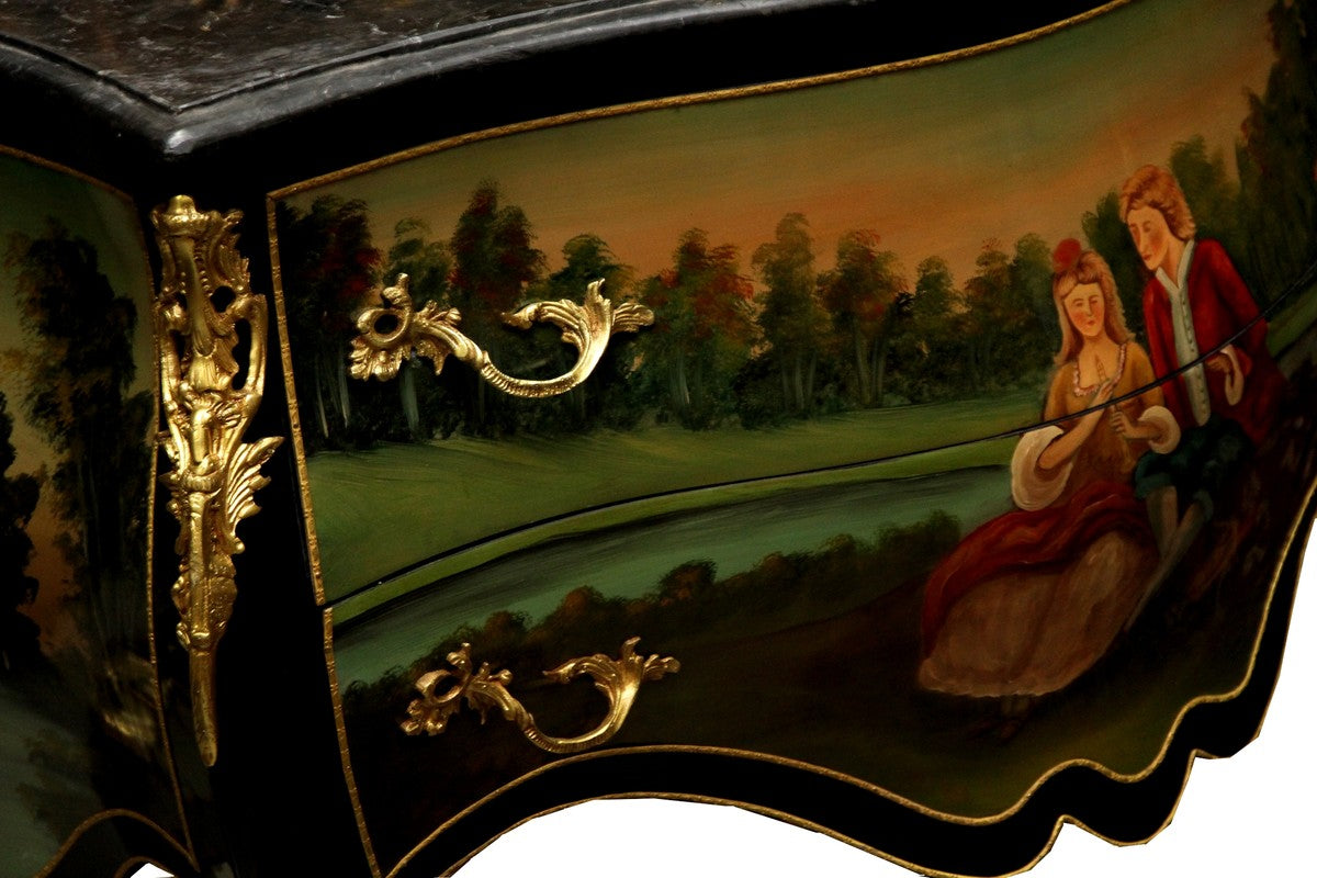 Barock Kommode Schwarz mit handbemaltem Motiv / Gold 130 cm Metallapplikationen und Marmorplatte