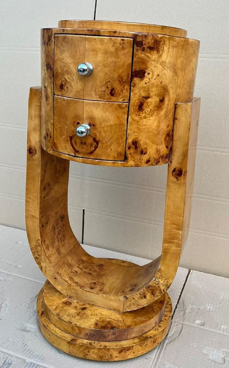 Art Deco Kommode Vogelaugen Ahorn - Runde Massivholz Nachtkommode - Beistelltisch mit 2 Schubladen - Handgefertigte Art Deco Möbel