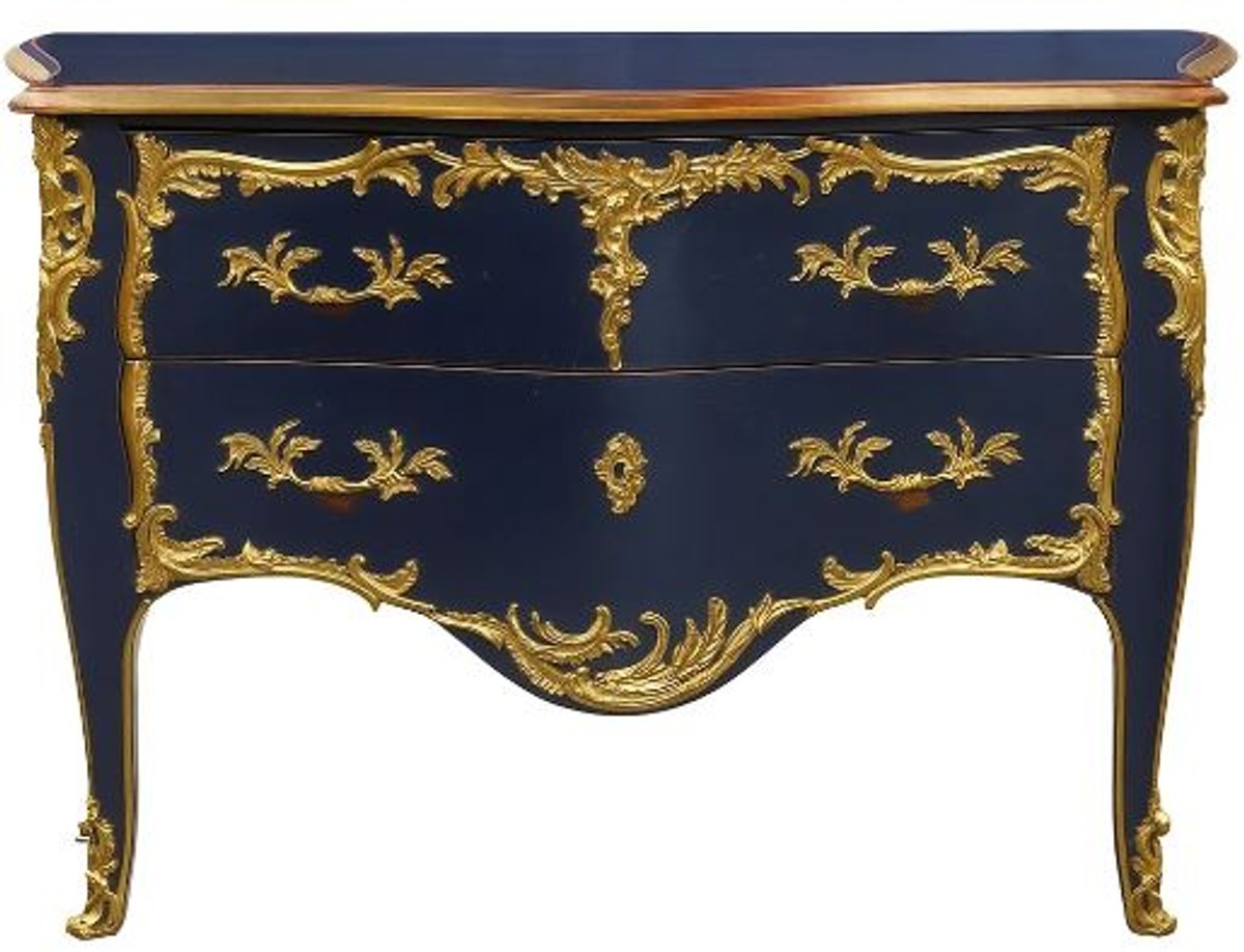 Barock Kommode mit 2 Schubladen Antik Dunkelblau / Gold - Handgefertigte Massivholz Kommode im Barockstil - Handgefertigte Barock Möbel - Edel & Prunkvoll