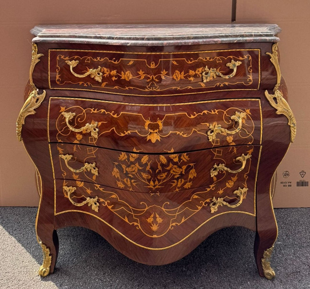 Barock Kommode mit 4 Schubladen und Marmorplatte Braun Intarsien / Gold / Grau 100 cm
