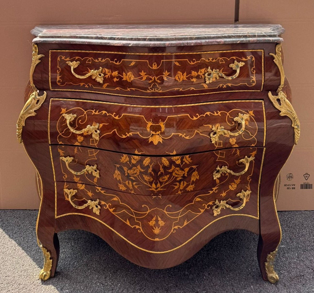 Barock Kommode mit 4 Schubladen und Marmorplatte Braun Intarsien / Gold / Grau 100 cm