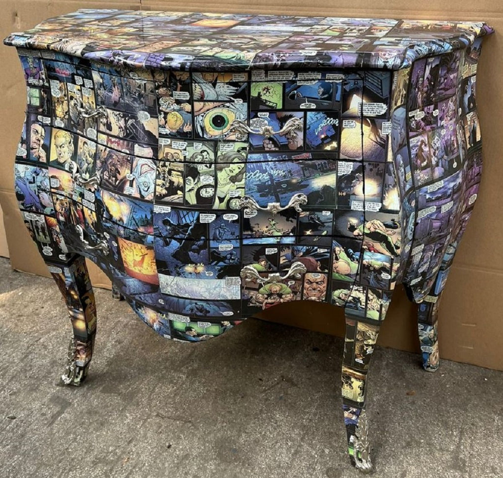 Barock Kommode mit 3 Schubladen und Comic Design Mehrfarbig - Handgefertigte Massivholz Kommode im Barockstil - Handgefertigte Barock Möbel - Edel & Prunkvoll