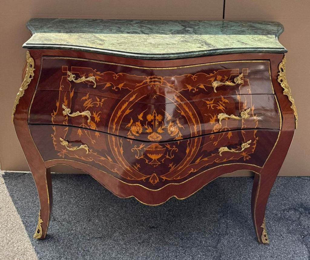 Barock Kommode mit 3 Schubladen und Marmorplatte Braun Intarsien / Gold / Grün 123 cm