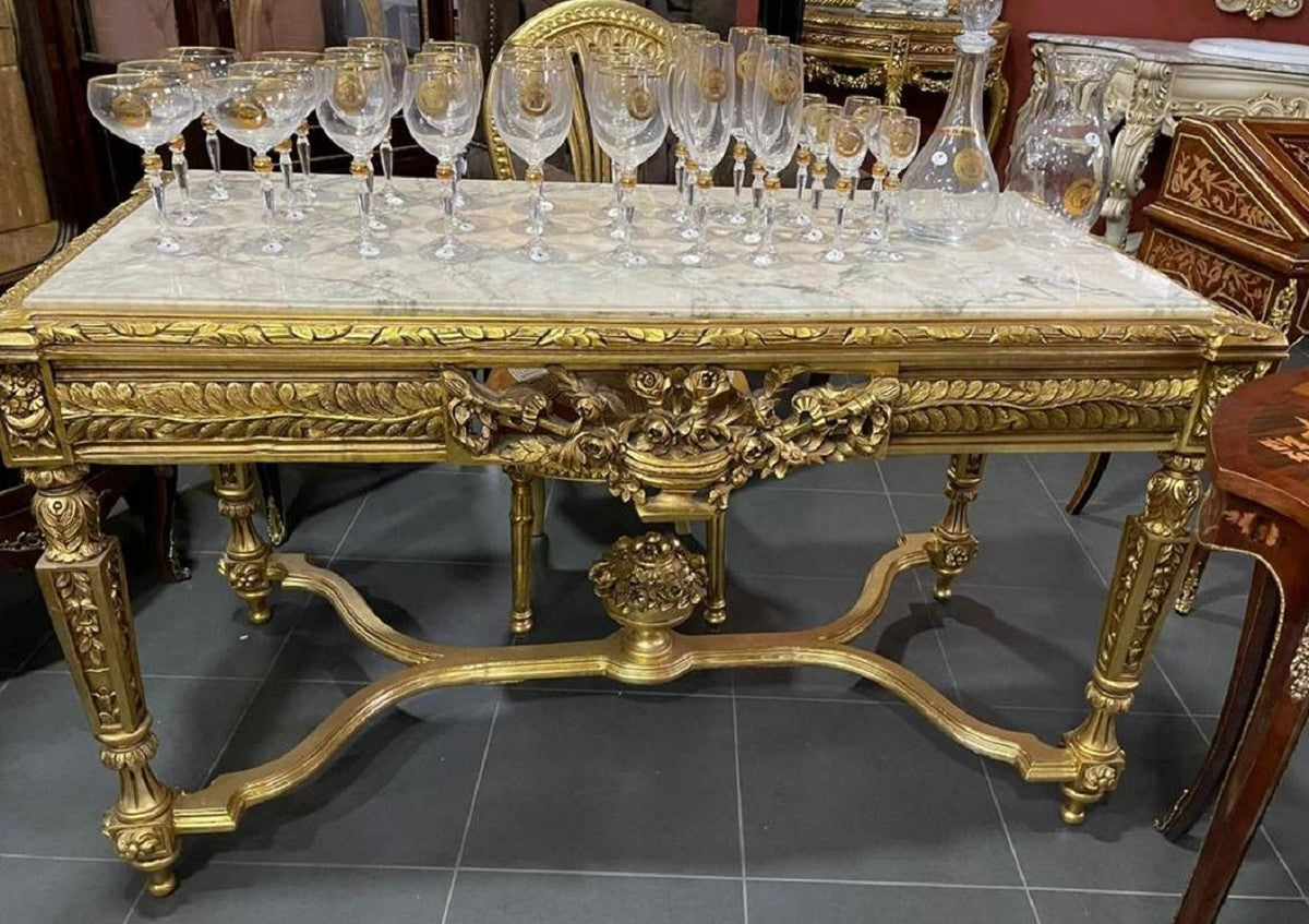 Barock Esstisch Gold / Weiß - Rechteckiger Massivholz Esszimmertisch mit Marmorplatte - Esszimmer Möbel im Barockstil - Barock Möbel - Edel & Prunkvoll