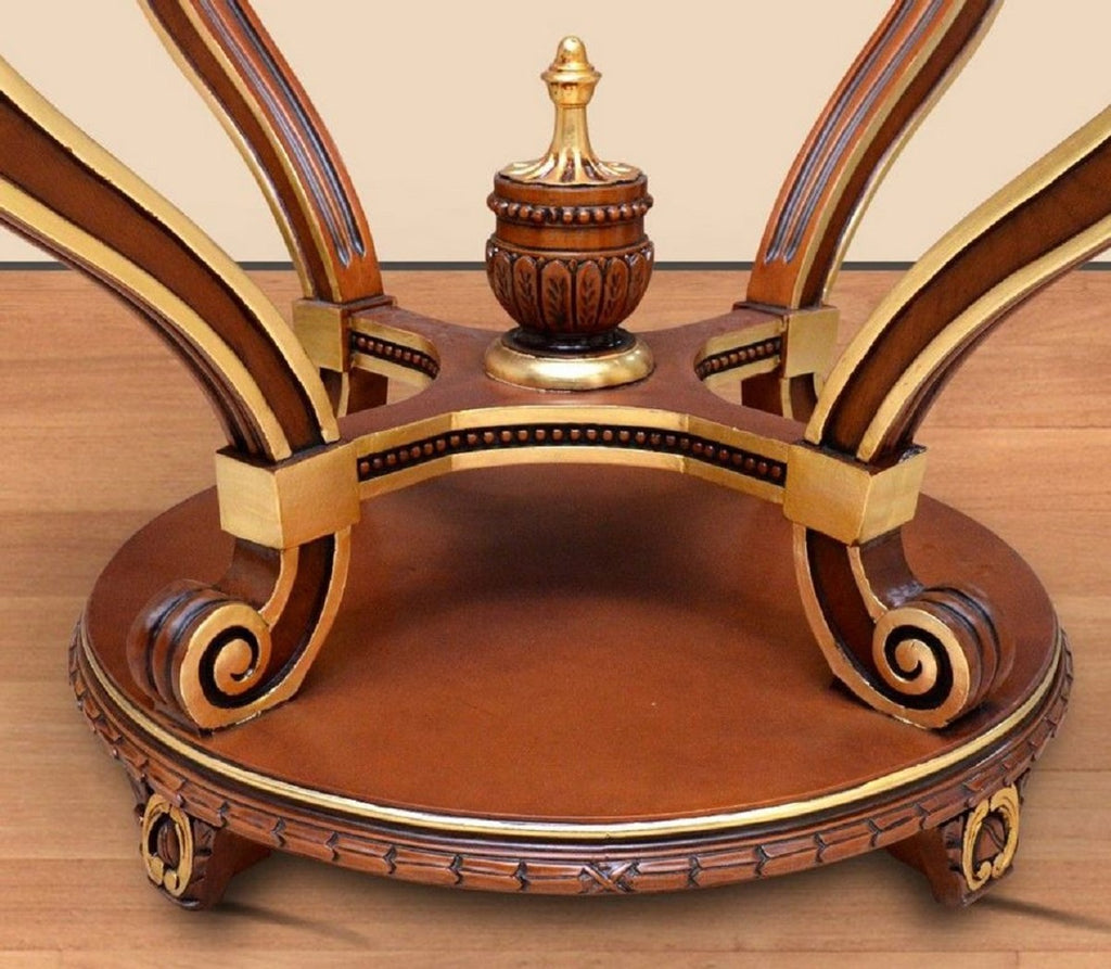 Barock Konferenztisch Braun / Gold - Runder Massivholz Büro Tisch mit Glasplatte - Barock Büro Möbel - Edel & Prunkvoll