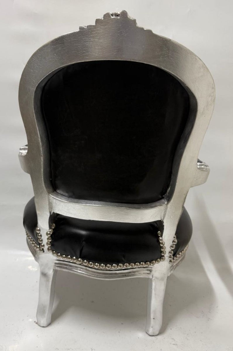 Barock Kunstleder Kinderstuhl mit Armlehnen Schwarz / Silber - Barock Kindermöbel