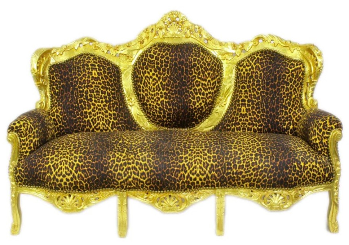 Barock Lounge Sofa King Leopard / Gold - Wohnzimmer 175 cm