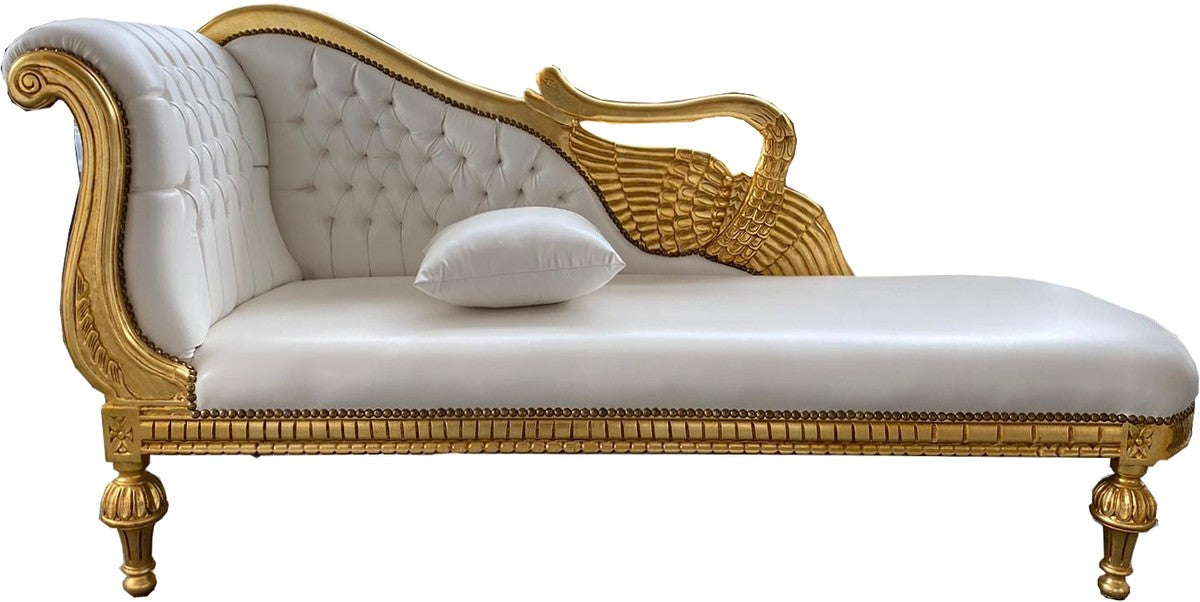 Barock Chaiselongue Weiß Lederoptik / Gold - Golden Wings - Antik Stil Möbel
