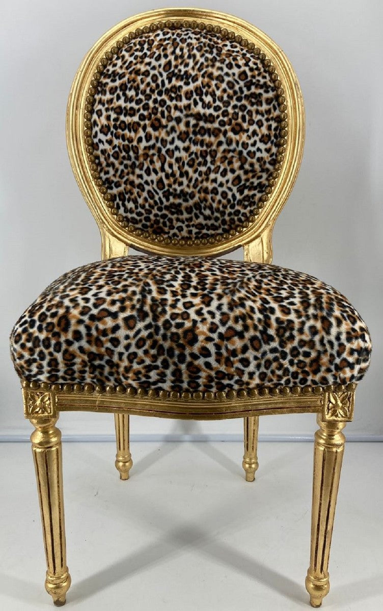 Barock Esszimmer Stuhl Medaillon Leopard / Gold - Handgefertigter Massivholz Antik Stil Küchen Stuhl mit Muster - Barock Esszimmer Möbel
