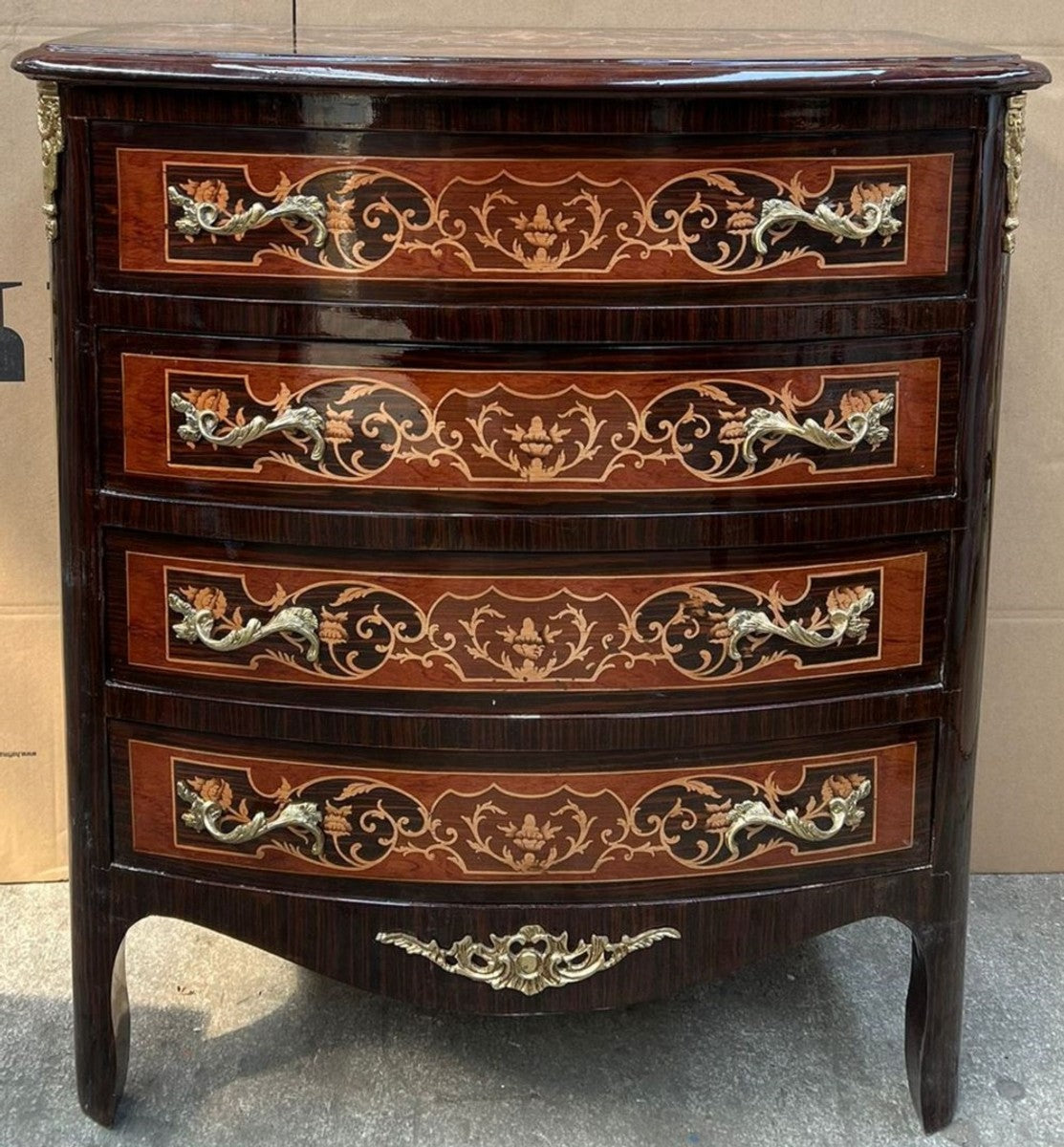 Barock Kommode Dunkelbraun / Braun Intarsien / Gold - Barockstil Kommode mit 4 Schubladen - Barock Möbel - Prunkvolle Möbel im Barockstil - Edel & Prunkvoll