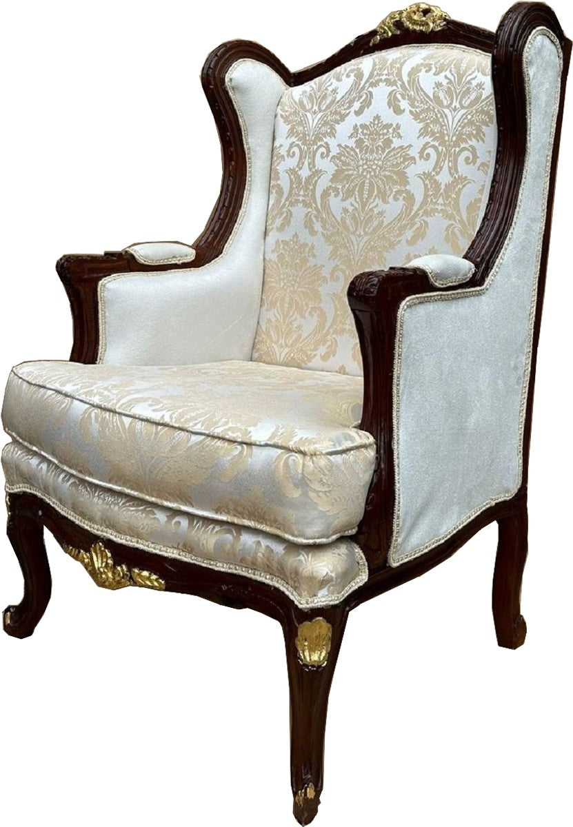 Barock Ohrensessel Beige / Dunkelbraun / Gold - Barock Wohnzimmer Möbel
