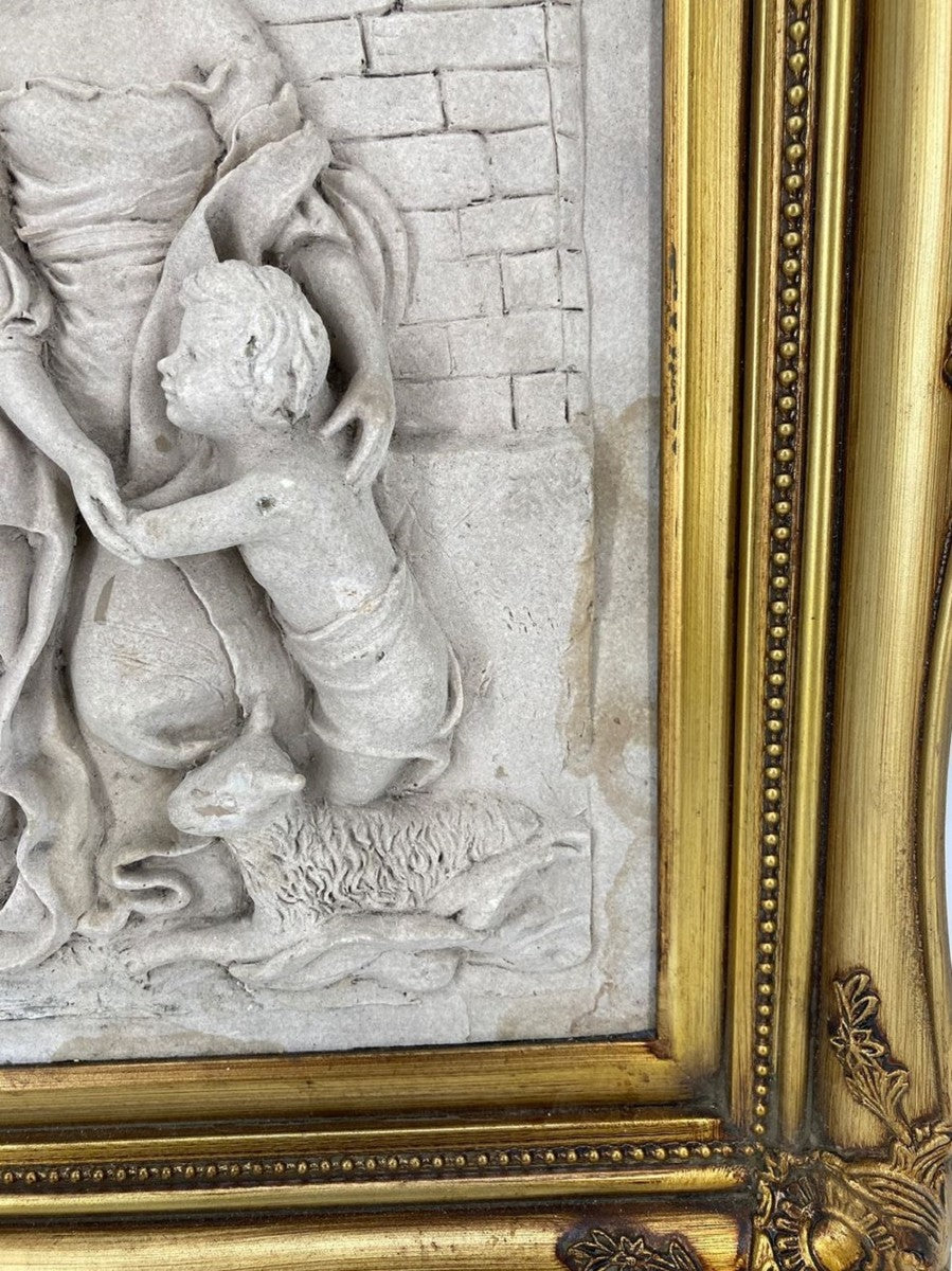 Barock Wandrelief Grau / Gold 44,5 x H. 55 cm - Antik Stil Wand Deko Stein Relief mit Prunk Rahmen - Deko Accessoires im Barockstil - Barock Wanddeko