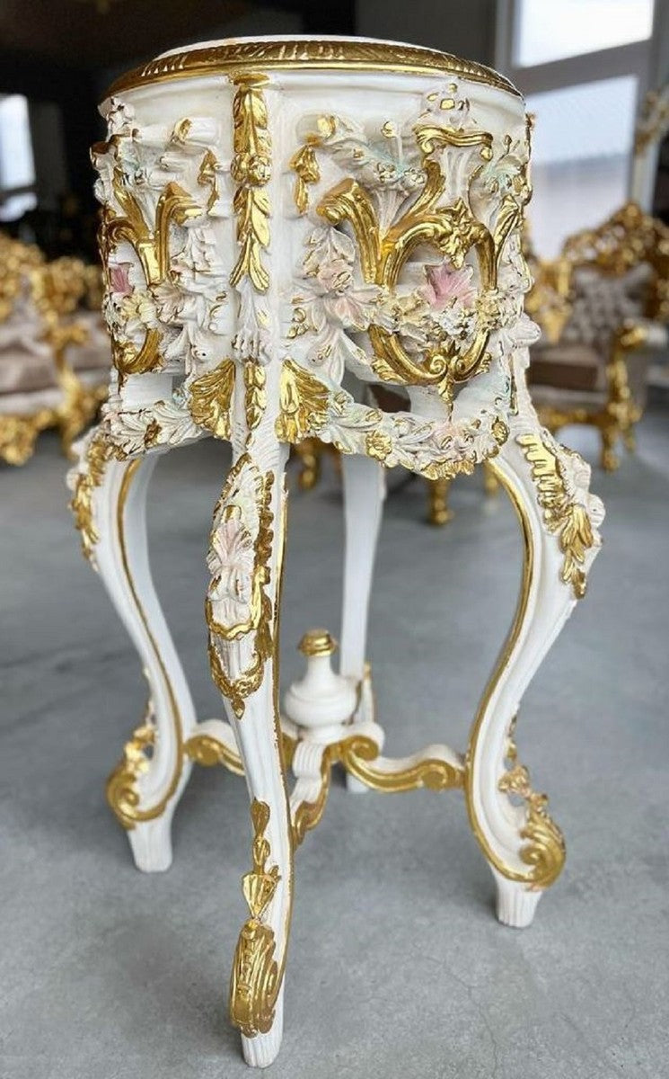 Barock Säule mit Marmorplatte Weiß / Rosa / Gold - Prunkvoller Antik Stil Massivholz Blumentisch - Wohnzimmer Möbel im Barockstil - Antik Stil Möbel - Barock Möbel