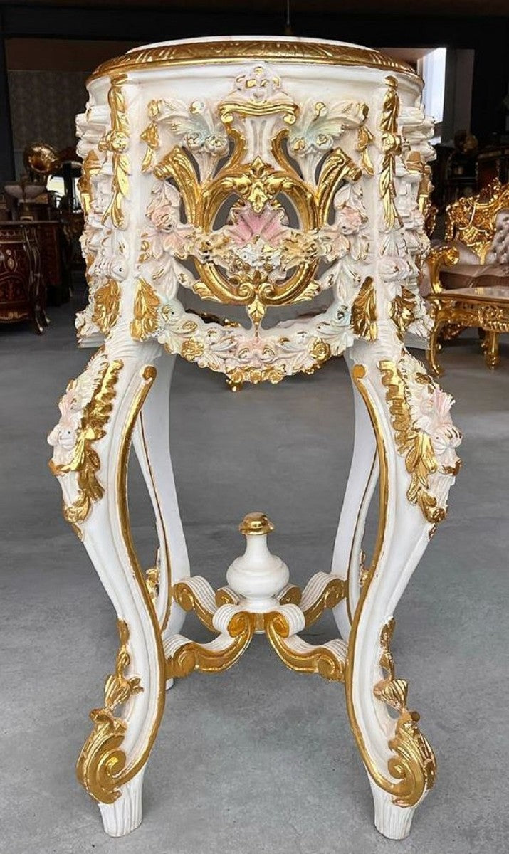 Barock Säule mit Marmorplatte Weiß / Rosa / Gold - Prunkvoller Antik Stil Massivholz Blumentisch - Wohnzimmer Möbel im Barockstil - Antik Stil Möbel - Barock Möbel