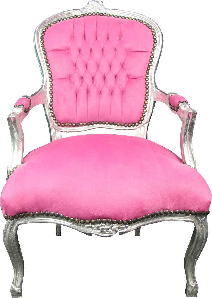Barock Salon Stuhl Rosa / Silber - Barock Antik Stil Möbel