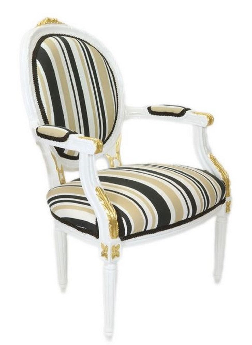Barock Salon Stuhl Weiß / Gold / Mehrfarbig 50 x 50 x H. 105 cm - Gestreifter Barock Stuhl mit Armlehnen - Barock Möbel