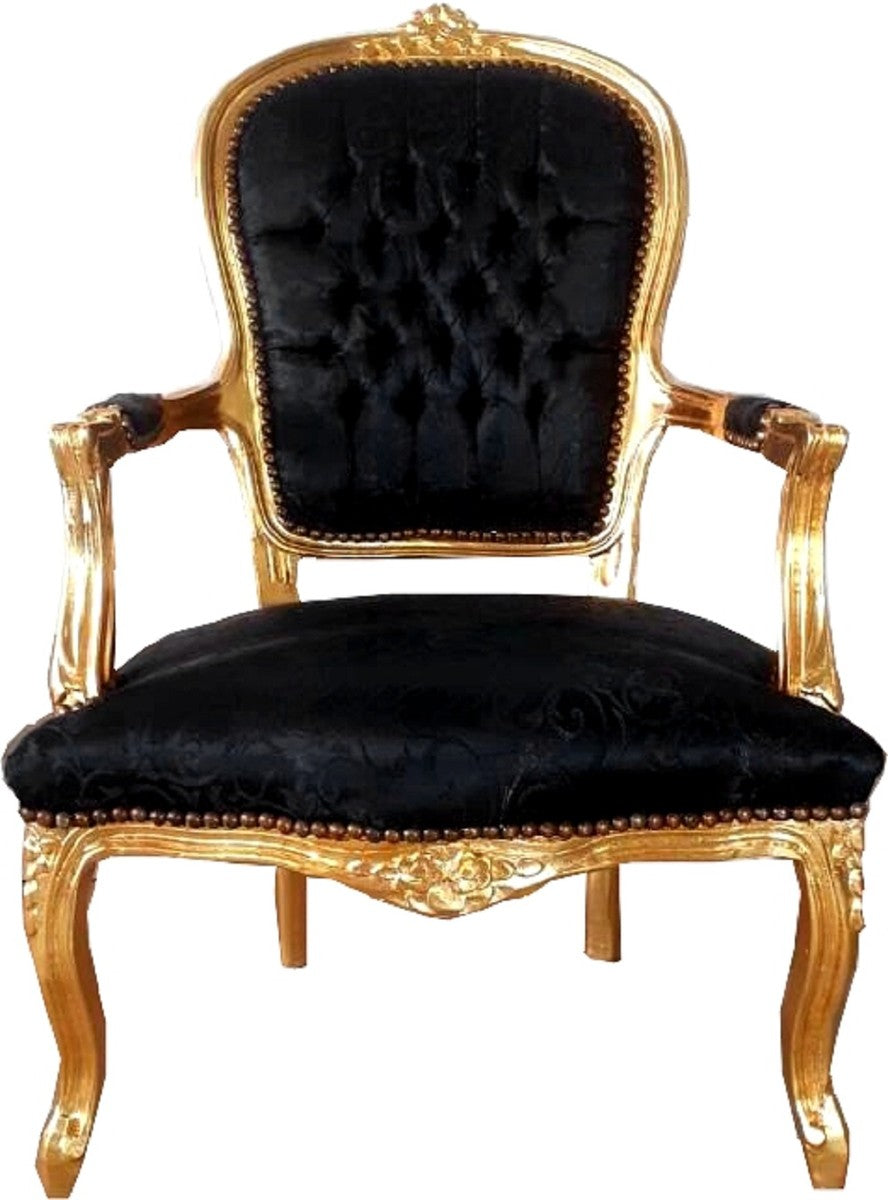 Barock Salon Stuhl Schwarz Muster / Gold 60 x 50 x H. 93 cm - Handgefertigter Antik Stil Stuhl mit edlem Satinstoff - Möbel im Barockstil
