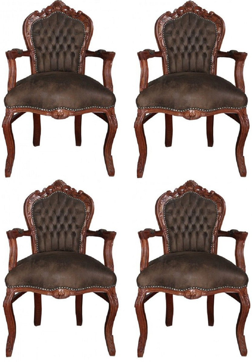 Barock Esszimmer Set Braun / Braun Lederoptik 53 x 57 x H. 108 cm - 4 handgefertigte Esszimmerstühle mit Armlehnen - Barockmöbel
