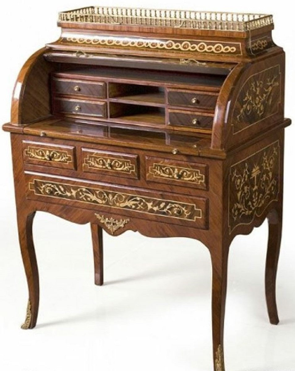 Barock Sekretär Braun / Intarsien Gold - Handgefertigter Barockstil Schreibtisch mit 8 Schubladen - Büromöbel im Barockstil - Barock Möbel - Barock Einrichtung