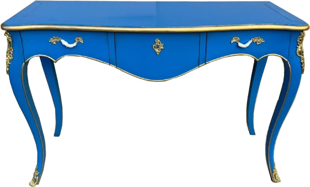 Barock Sekretär mit 3 Schubladen Blau / Gold - Handgefertigter Massivholz Schreibtisch im Barockstil - Barock Büro Möbel