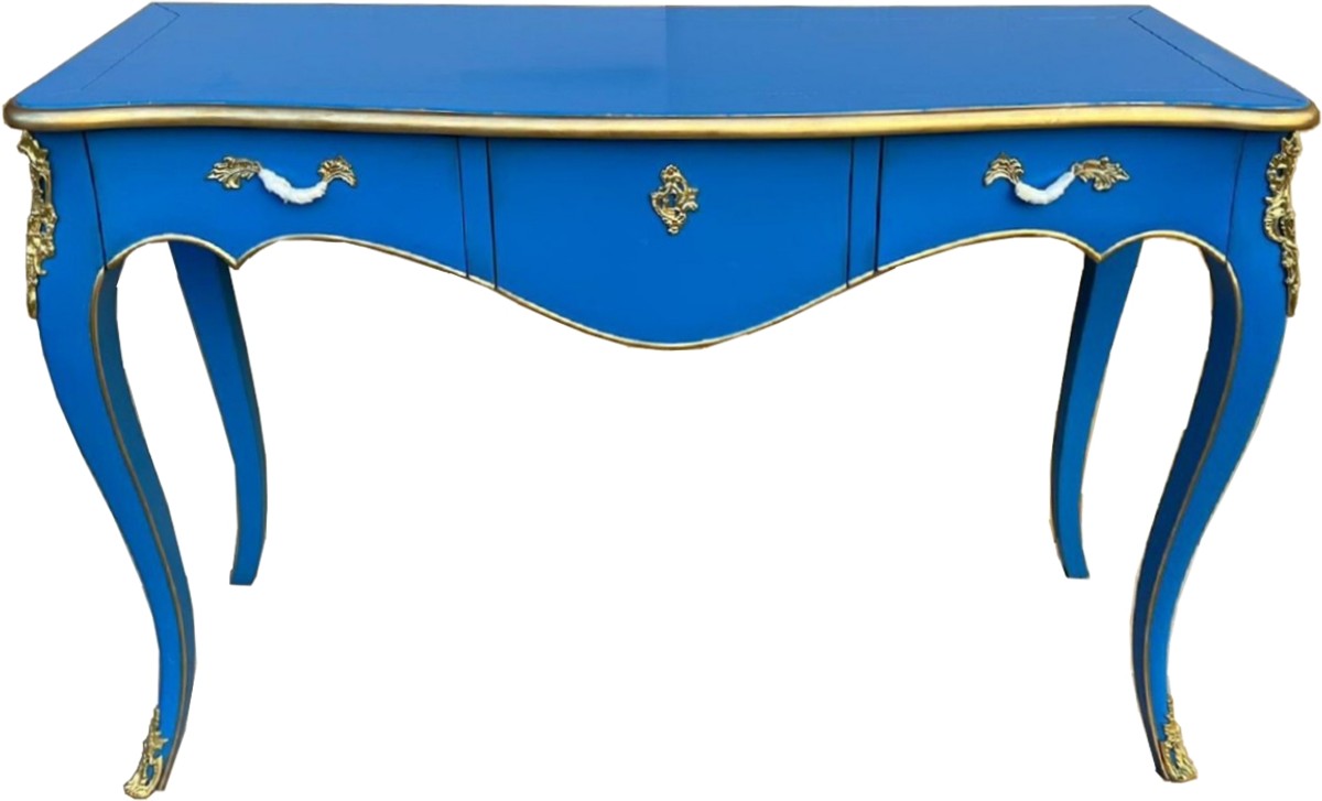 Barock Sekretär mit 3 Schubladen Blau / Gold - Handgefertigter Massivholz Schreibtisch im Barockstil - Barock Büro Möbel