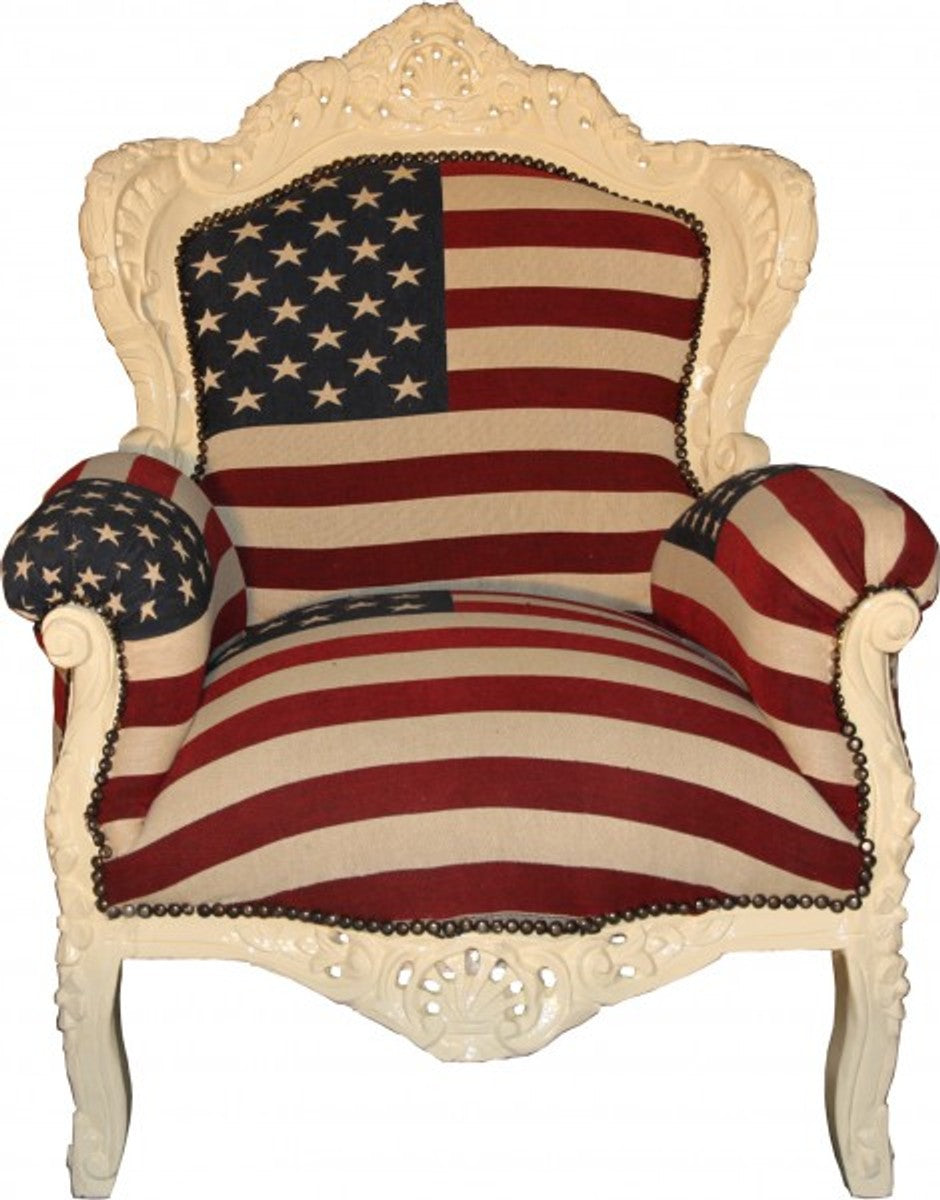 Barock Sessel King Amerikanische Flagge USA / Creme - Limited Edition