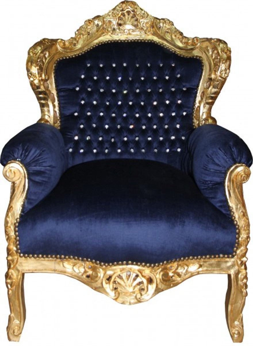 Barock Sessel King royalblau / gold mit Bling Bling Glitzersteinen - Antikstil Sessel