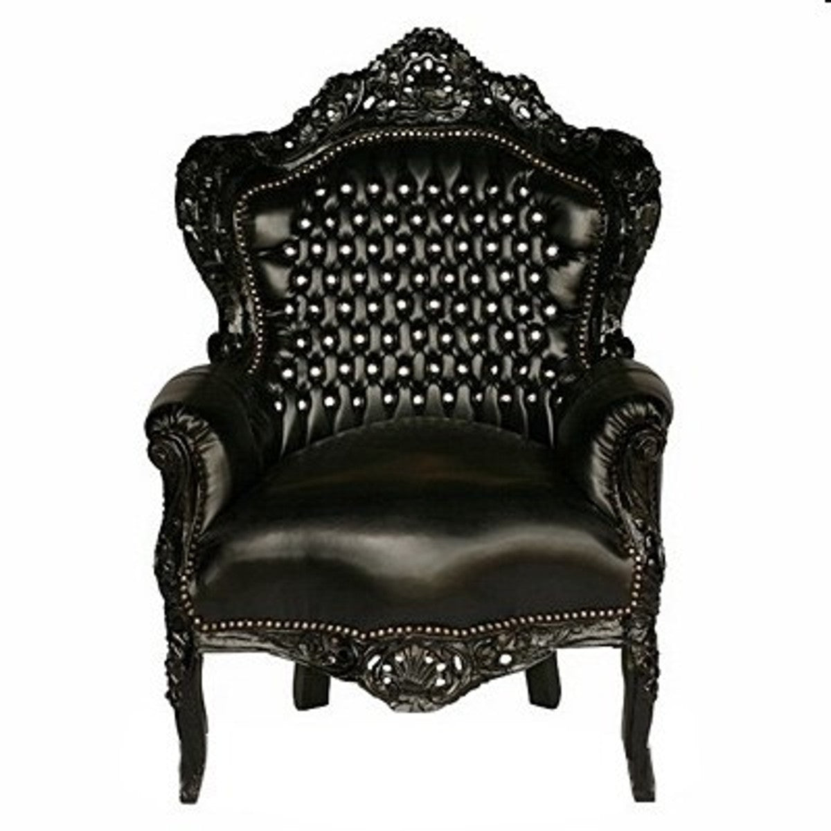 Barock Sessel King Schwarz / Schwarz Lederoptik mit Glitzersteinen - Luxus Barock Sessel