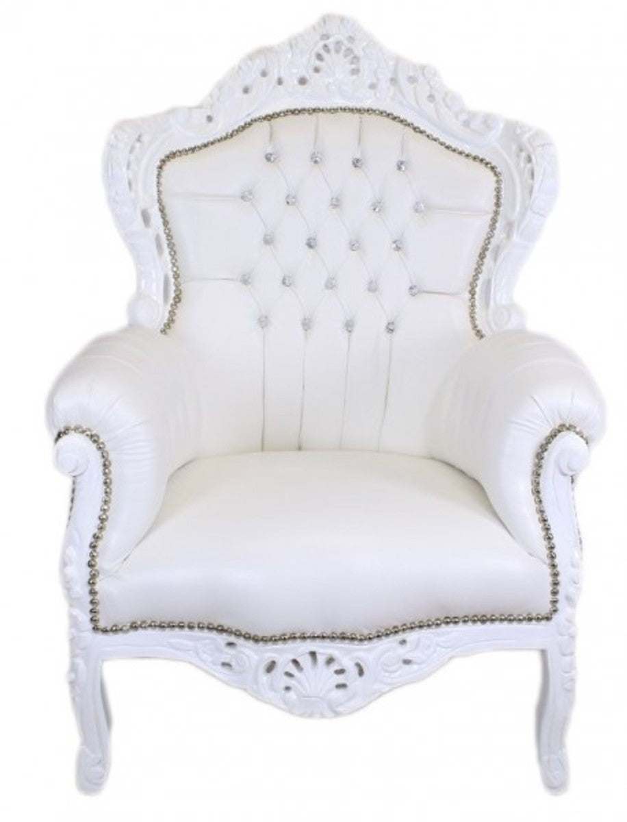 Barock Sessel King Weiß Lederoptik mit Bling Bling Glitzersteinen - Luxus Barock Möbel