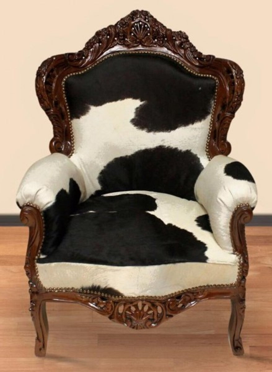 Barock Sessel King Kuhfell Schwarz-Weiß / Braun - Echtes Kuh Fell
