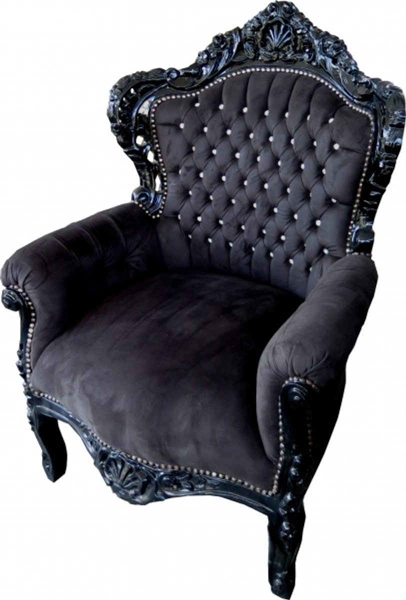 Barock Sessel King Schwarz / Schwarz mit Bling Bling Glitzersteinen - Möbel Antik Stil