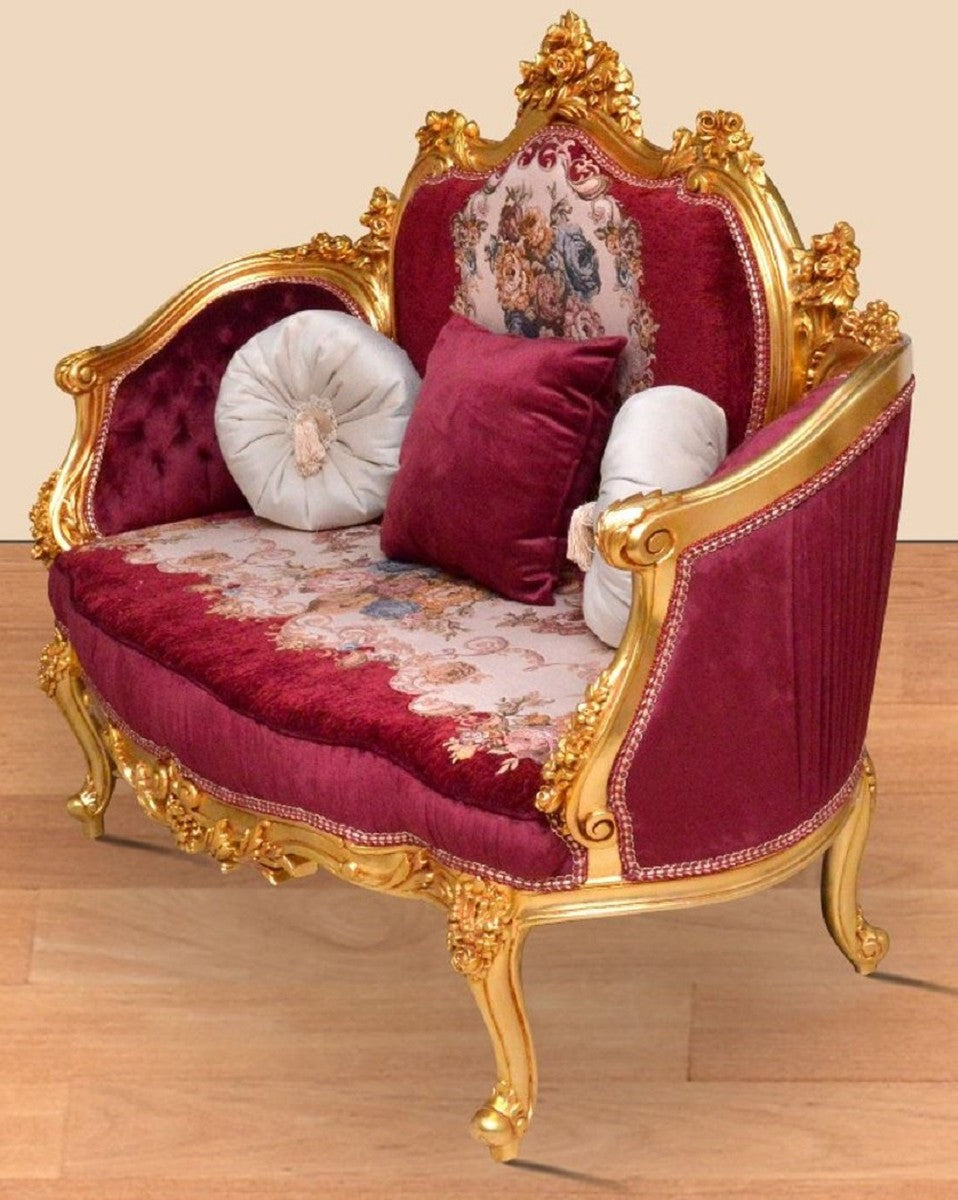 Barock Sofa Bordeauxrot / Mehrfarbig / Gold - Handgefertigtes Wohnzimmer Sofa im Barockstil - Prunkvolle Barock Wohnzimmer Möbel
